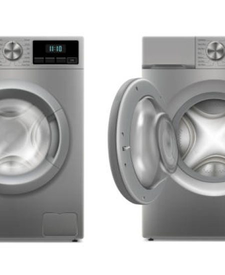 Modern washing machine with opened door and closed door, front view. Design Template of Wacher. Front View, Laundry Concept. 3D realistic vector ilusstration, isolated on white background